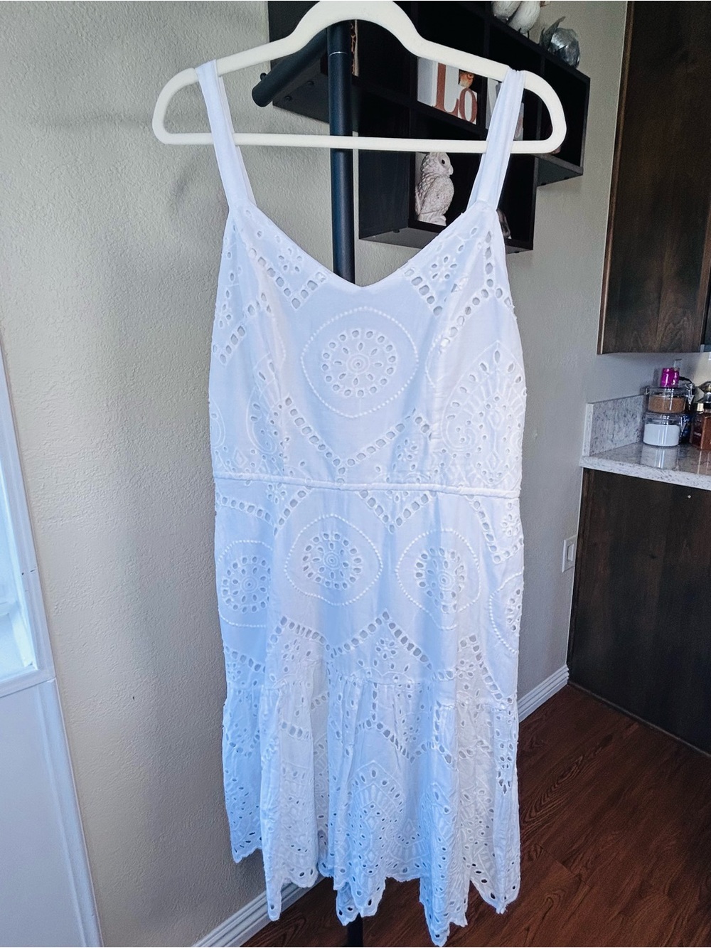 Japna White Cotton Eyelet Midi Sundress, 100% cotton, fully lined skirt, size XL